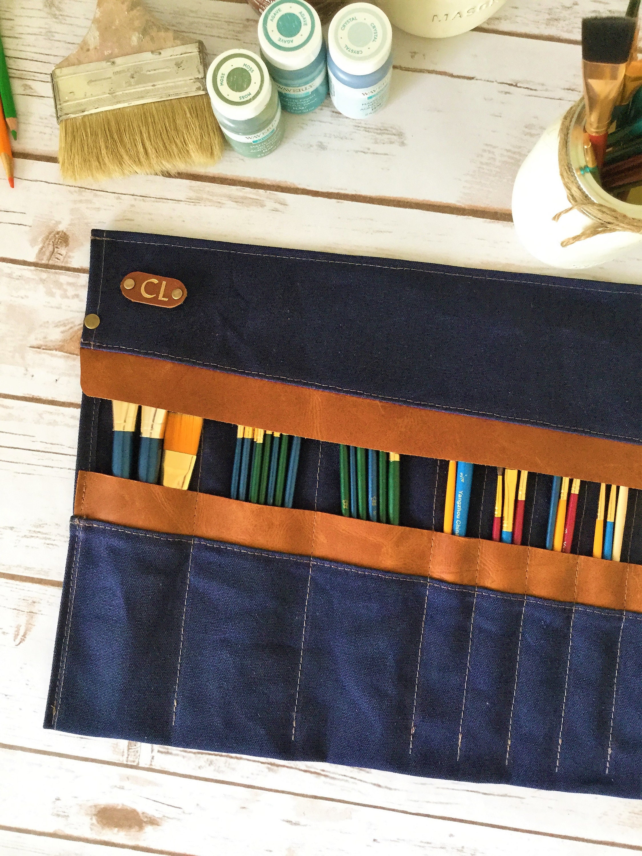 Waxed Canvas Paint Brush Roll, Artist Roll, Paint Brush Organizer, Artist pouch, Paint Brush