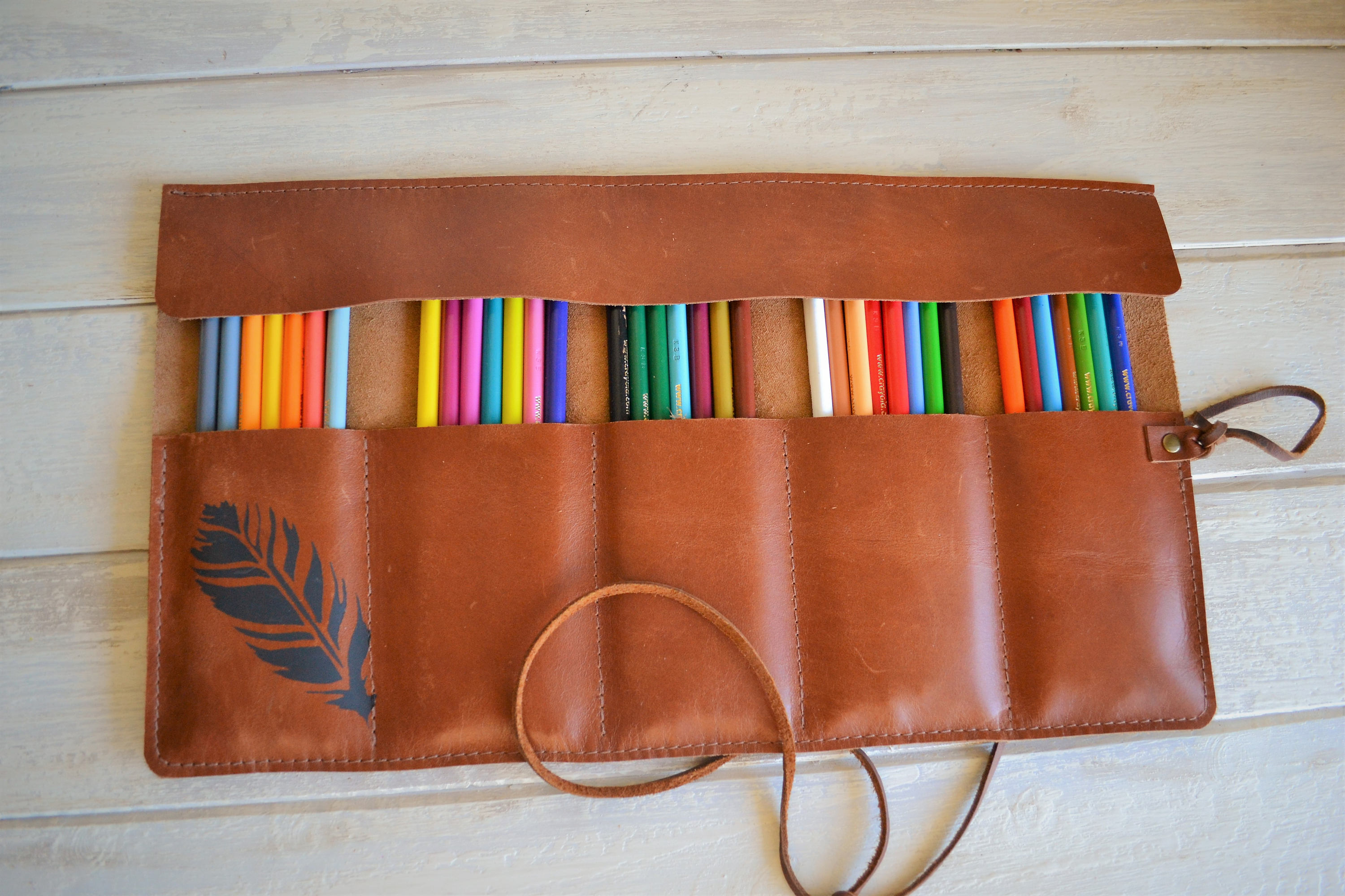 Personaliziered leather Pencil Roll, Pen Roll, Pencil Roll Up Case