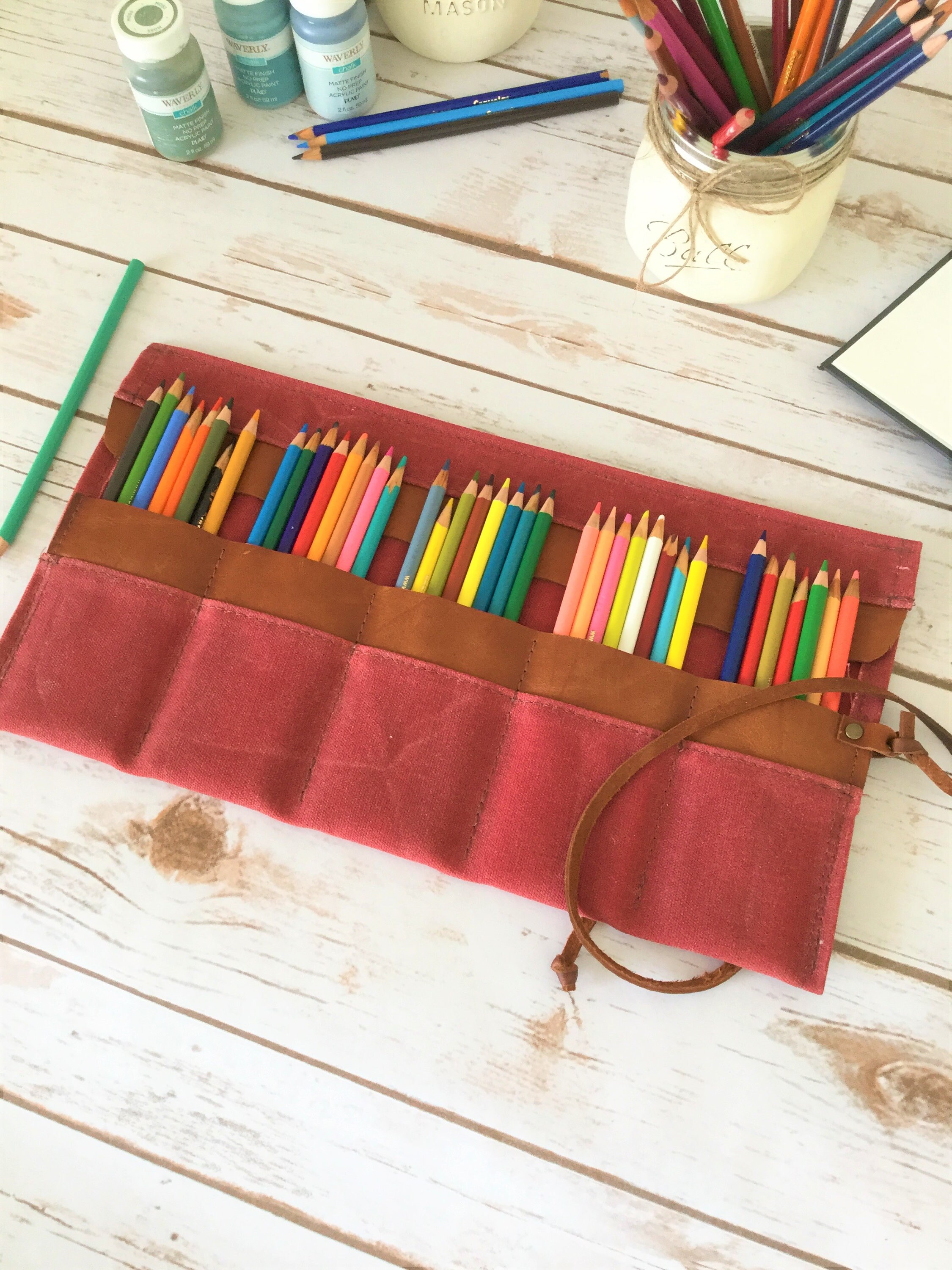 Waxed canvas personalized Pencil Roll, pencil case, Pencil Roll Up Case