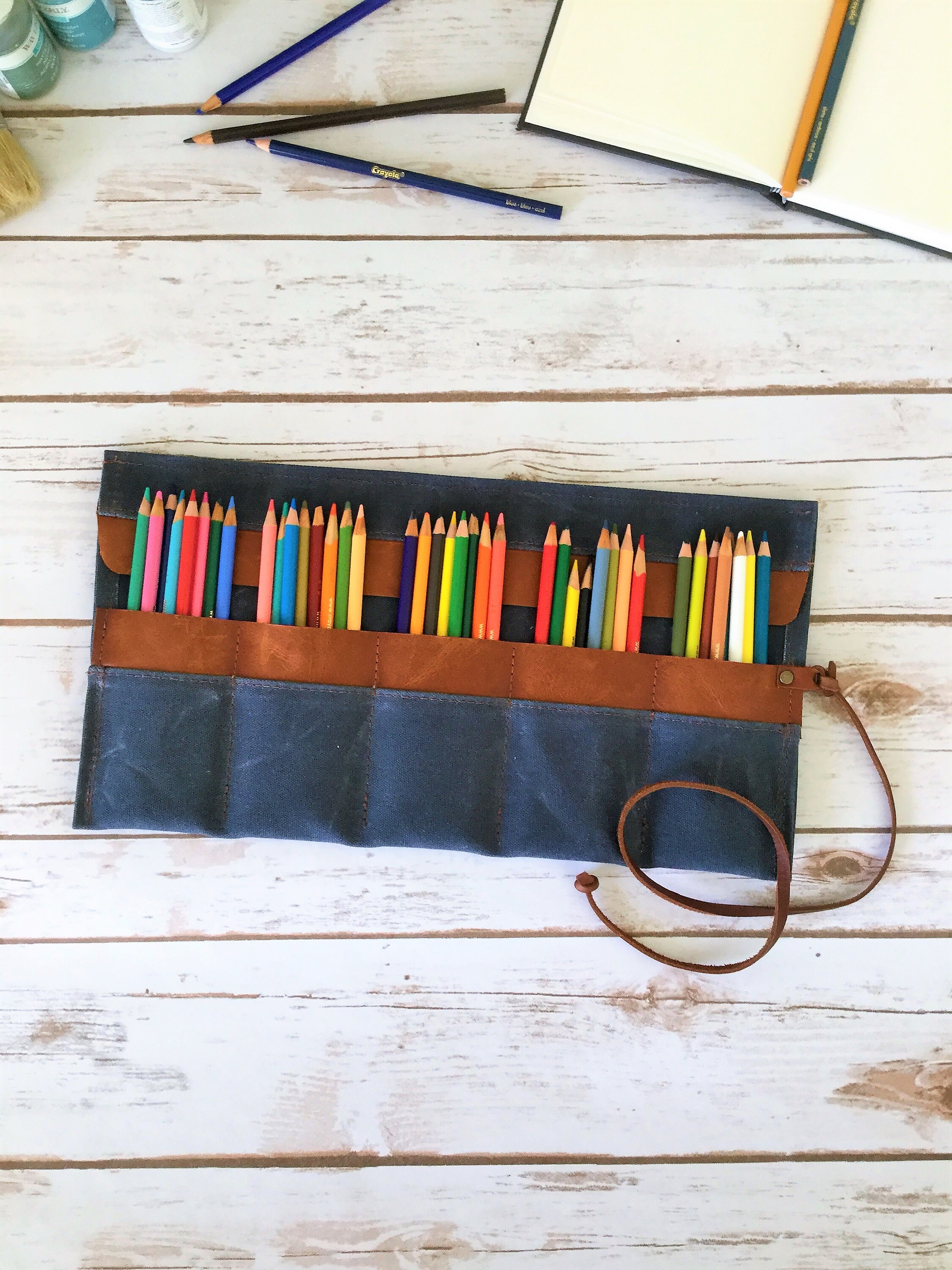 Waxed canvas personalized Pencil Roll, pencil case, Pencil Roll Up Case
