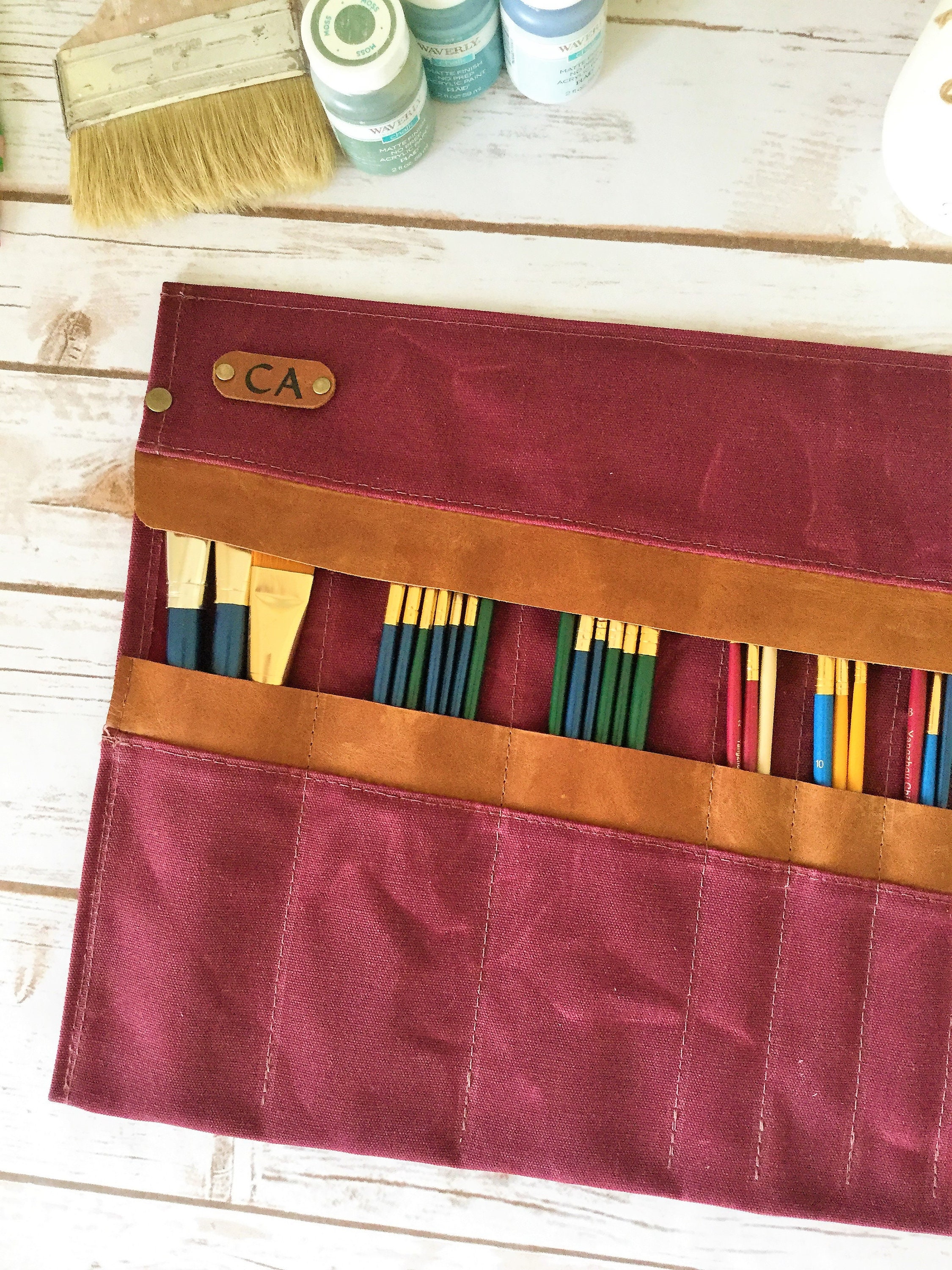 Waxed Canvas Paint Brush Roll, Artist Roll, Paint Brush Organizer