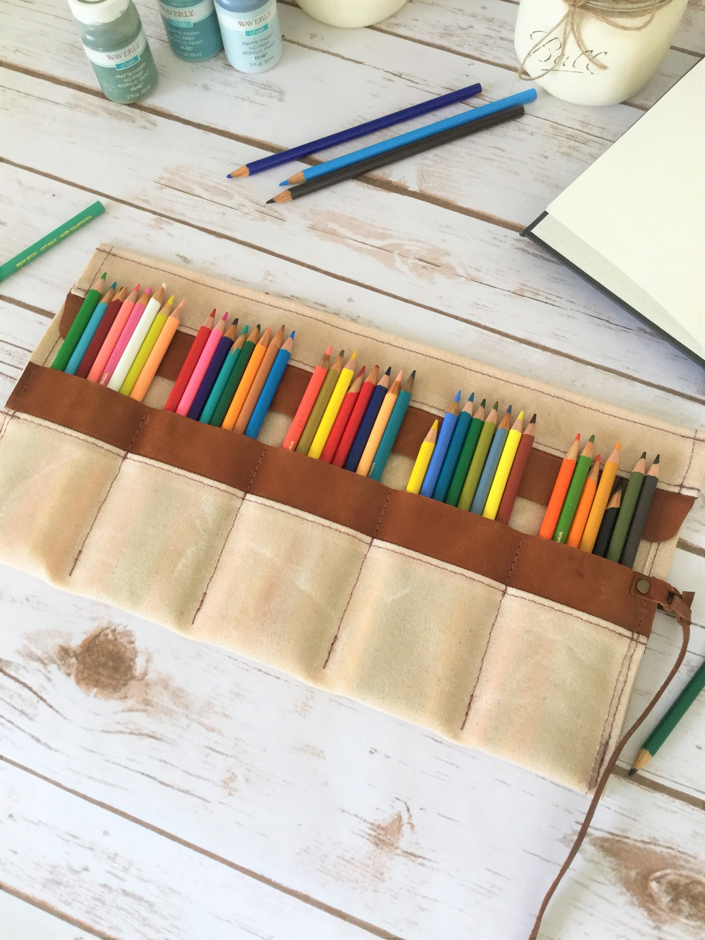 Waxed canvas personalized Pencil Roll, pencil case, Pencil Roll Up Case, Pencil Roll Canvas