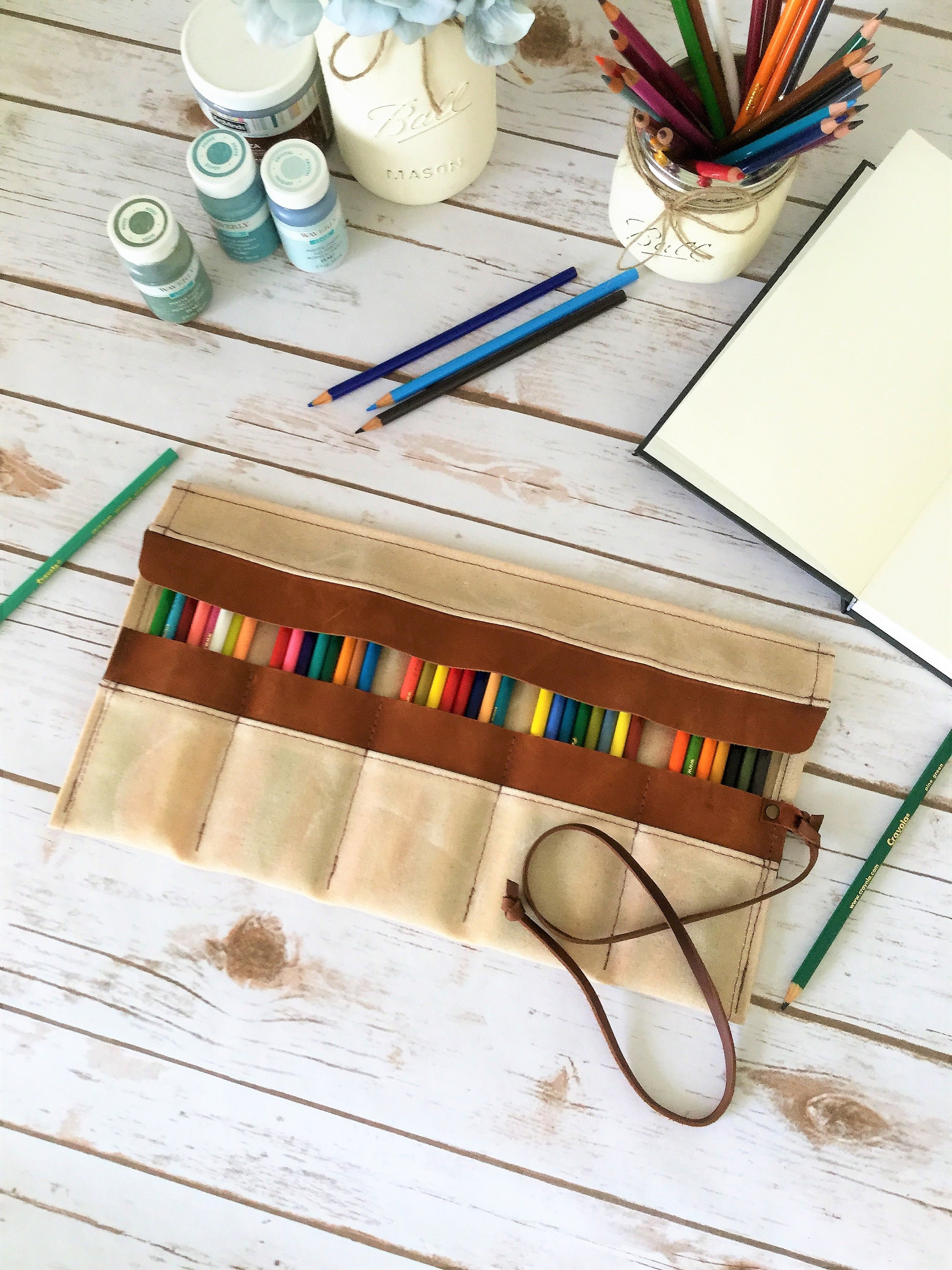 Waxed canvas personalized Pencil Roll, pencil case, Pencil Roll Up Case, Pencil Roll Canvas