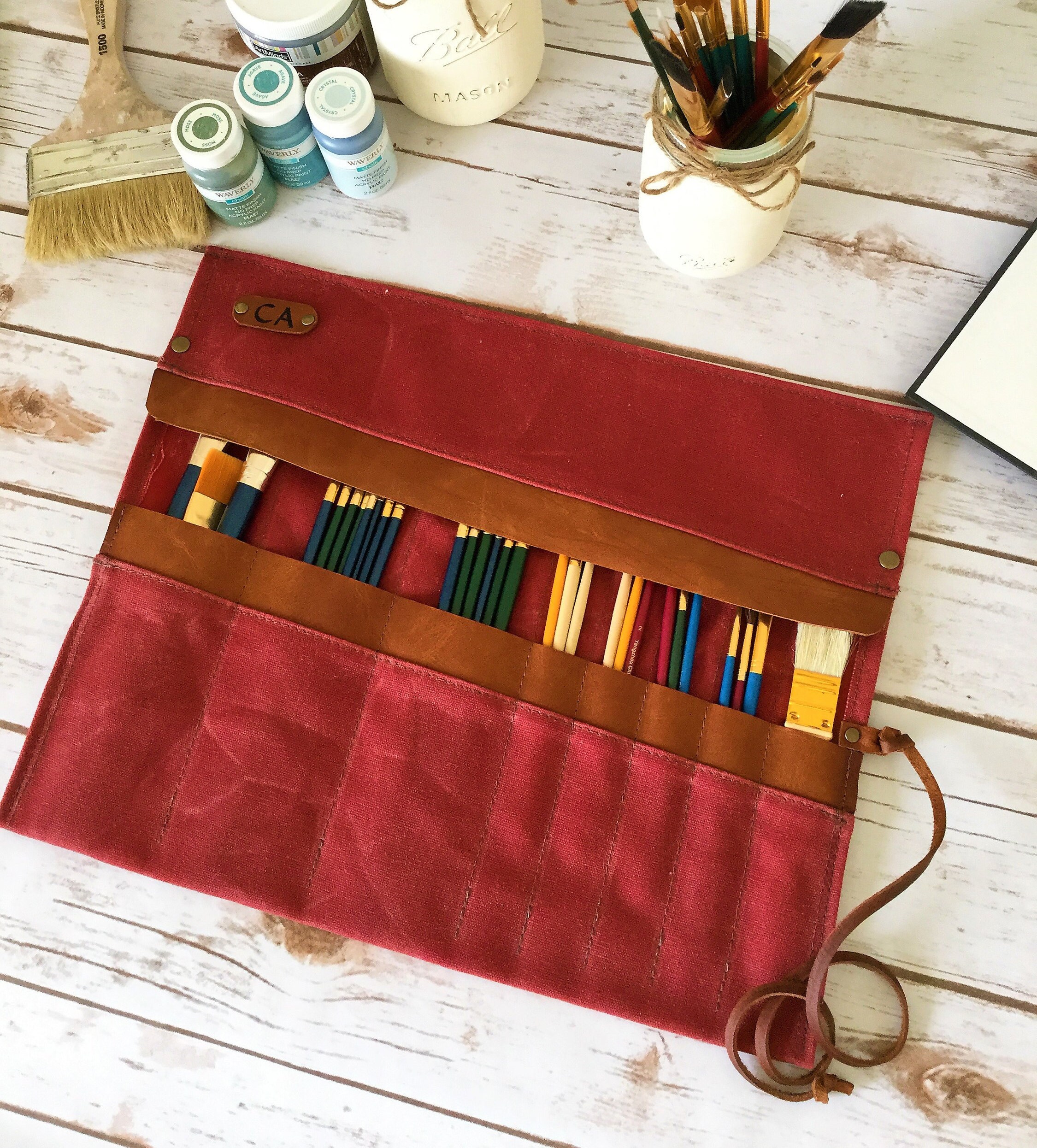 Waxed Canvas Paint Brush Roll, Artist Roll, Paint Brush Organizer