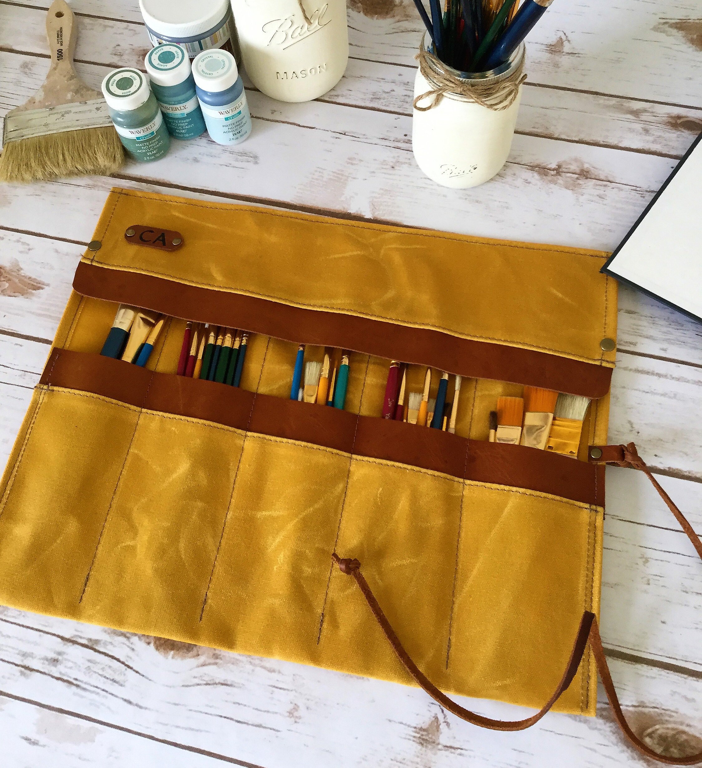 Waxed Canvas Paint Brush Roll, Artist Roll, Paint Brush Organizer