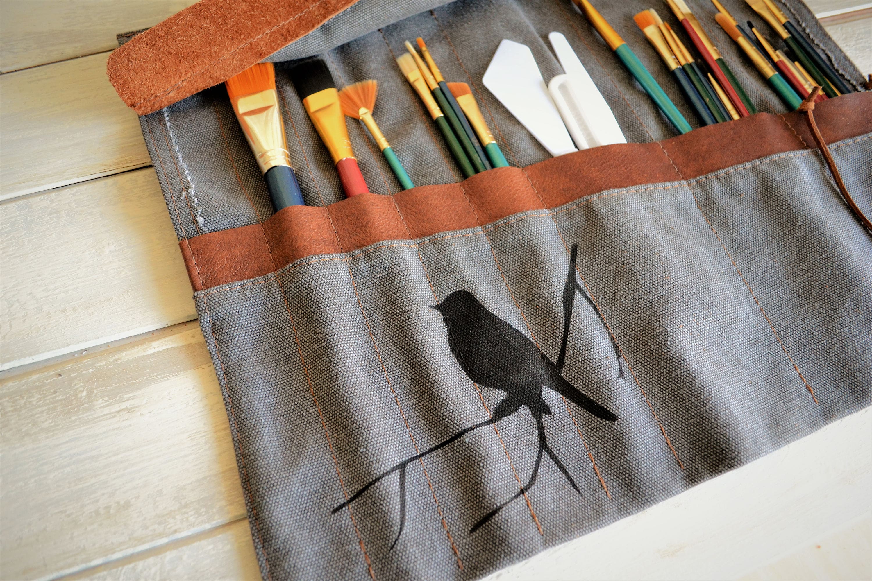 Roll up pencil case in waxed canvas, roll up paint brush holder