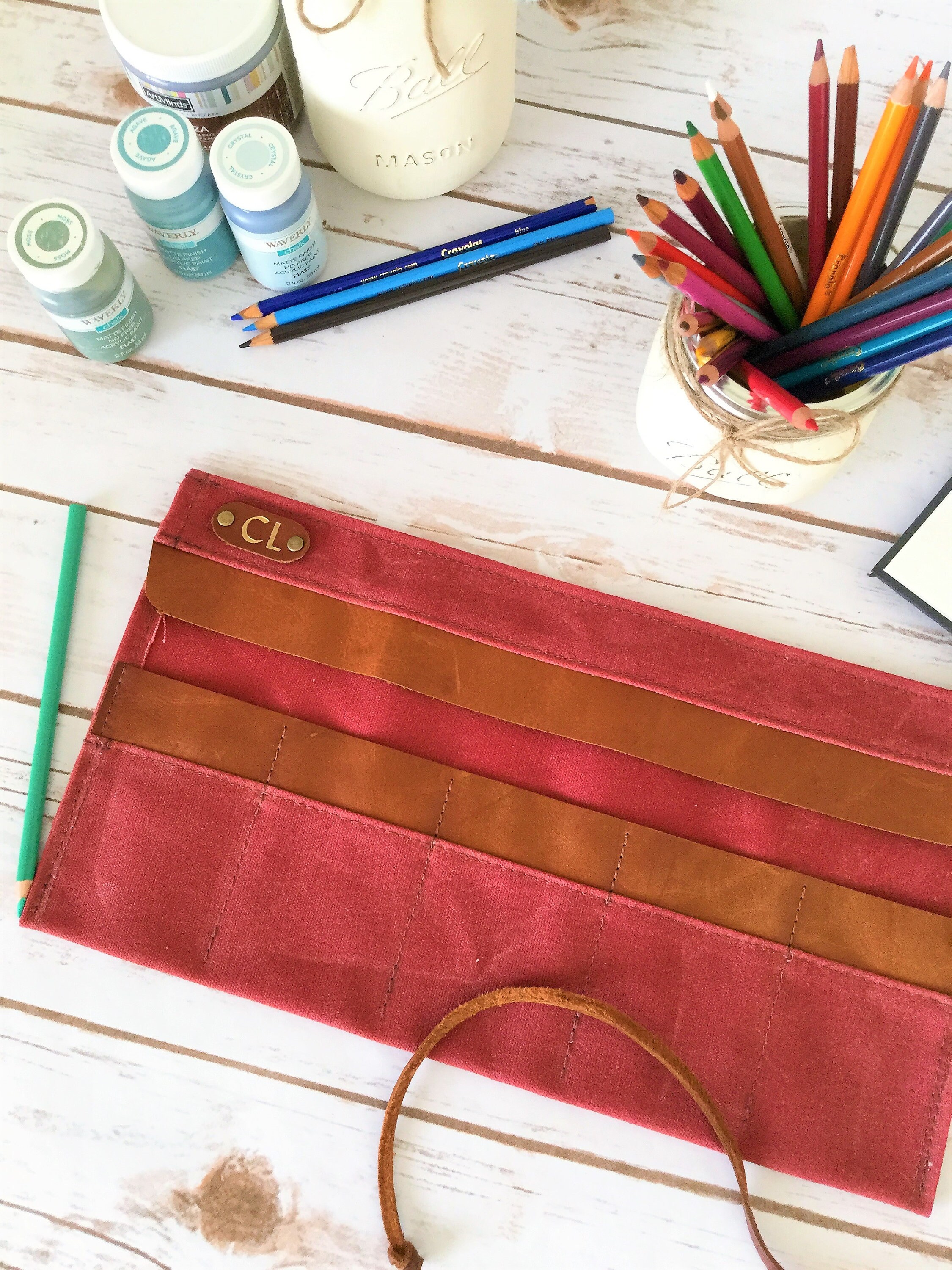 Waxed canvas personalized Pencil Roll, pencil case, Pencil Roll Up Case, Pencil Roll Canvas