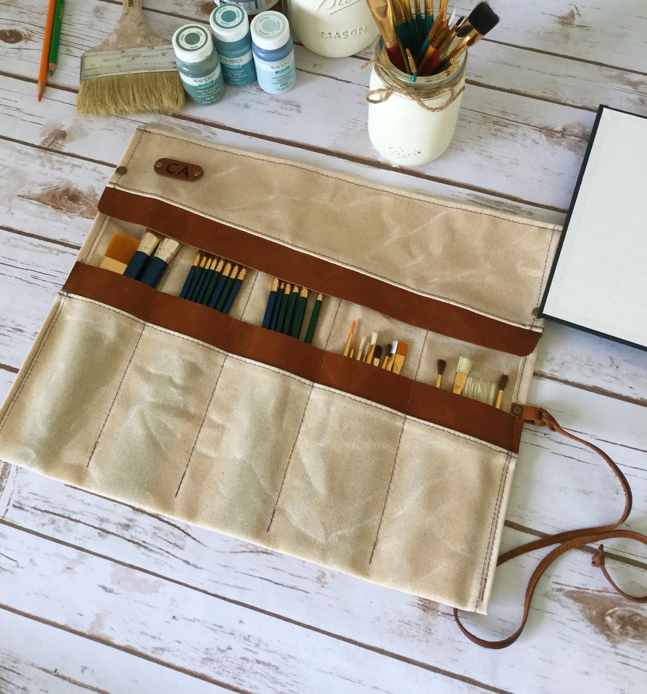 Waxed Canvas Paint Brush Roll, Artist Roll, Paint Brush Organizer