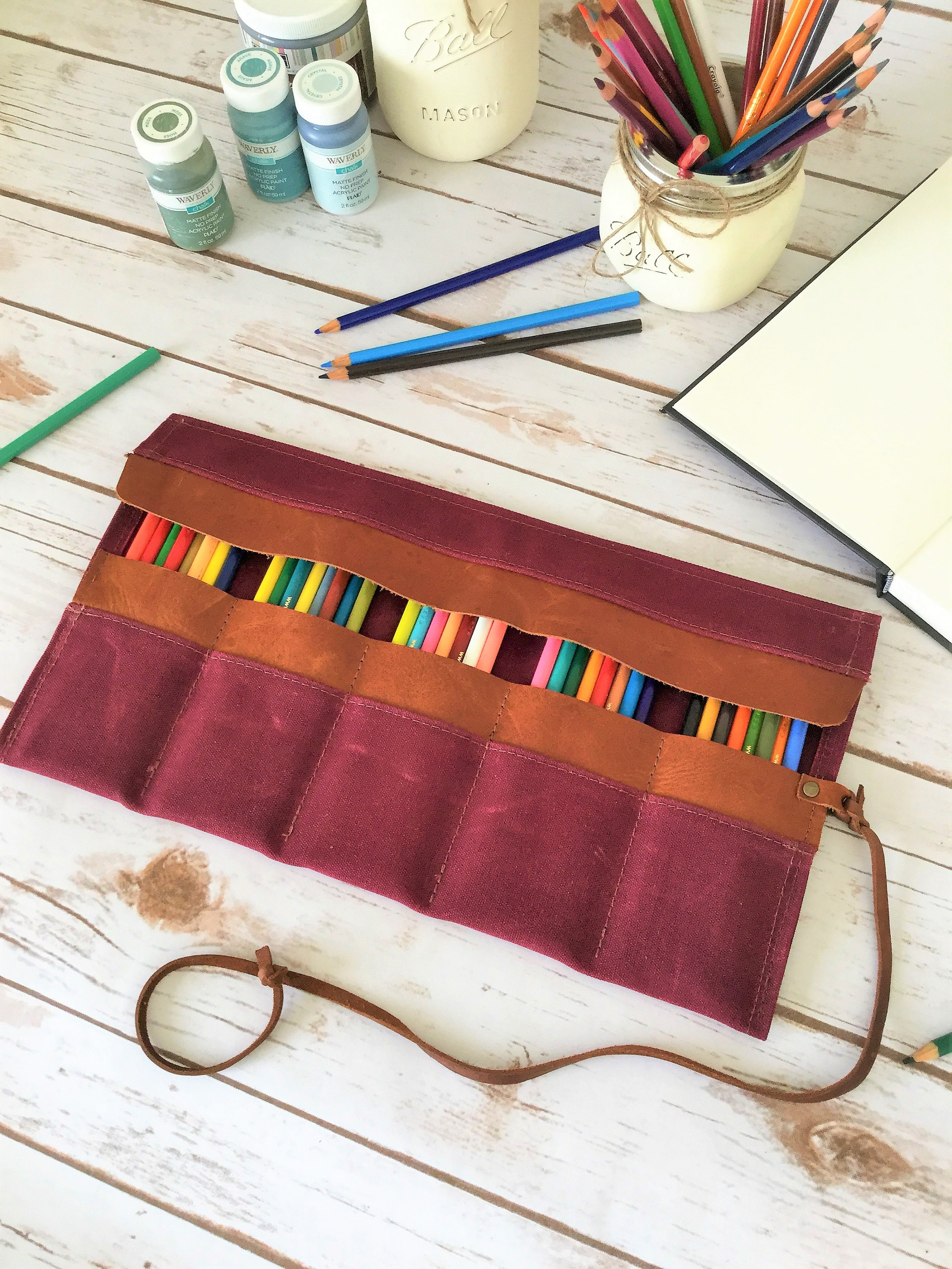 Waxed canvas personalized Pencil Roll, pencil case, Pencil Roll Up Case, Pencil Roll Canvas