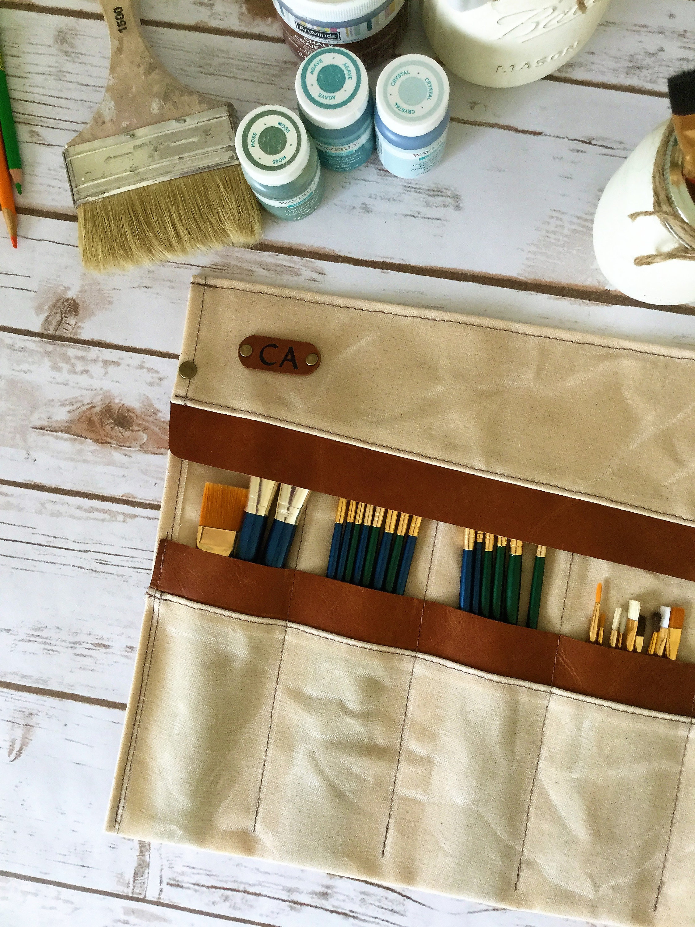 Waxed Canvas Paint Brush Roll, Artist Roll, Paint Brush Organizer