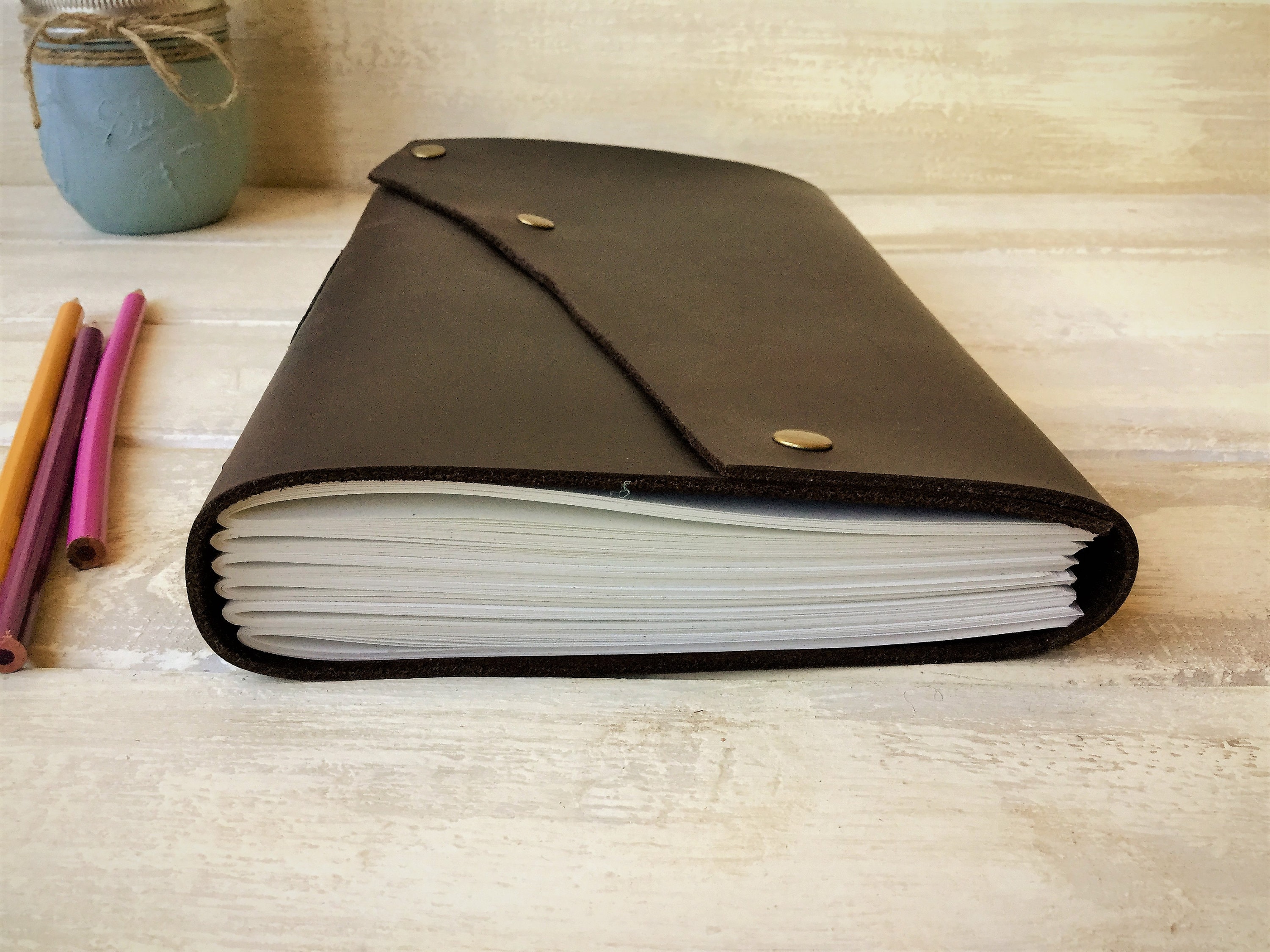 Large blank leather bound journal, portfolio, sketchbook, notebook, bible study journal with