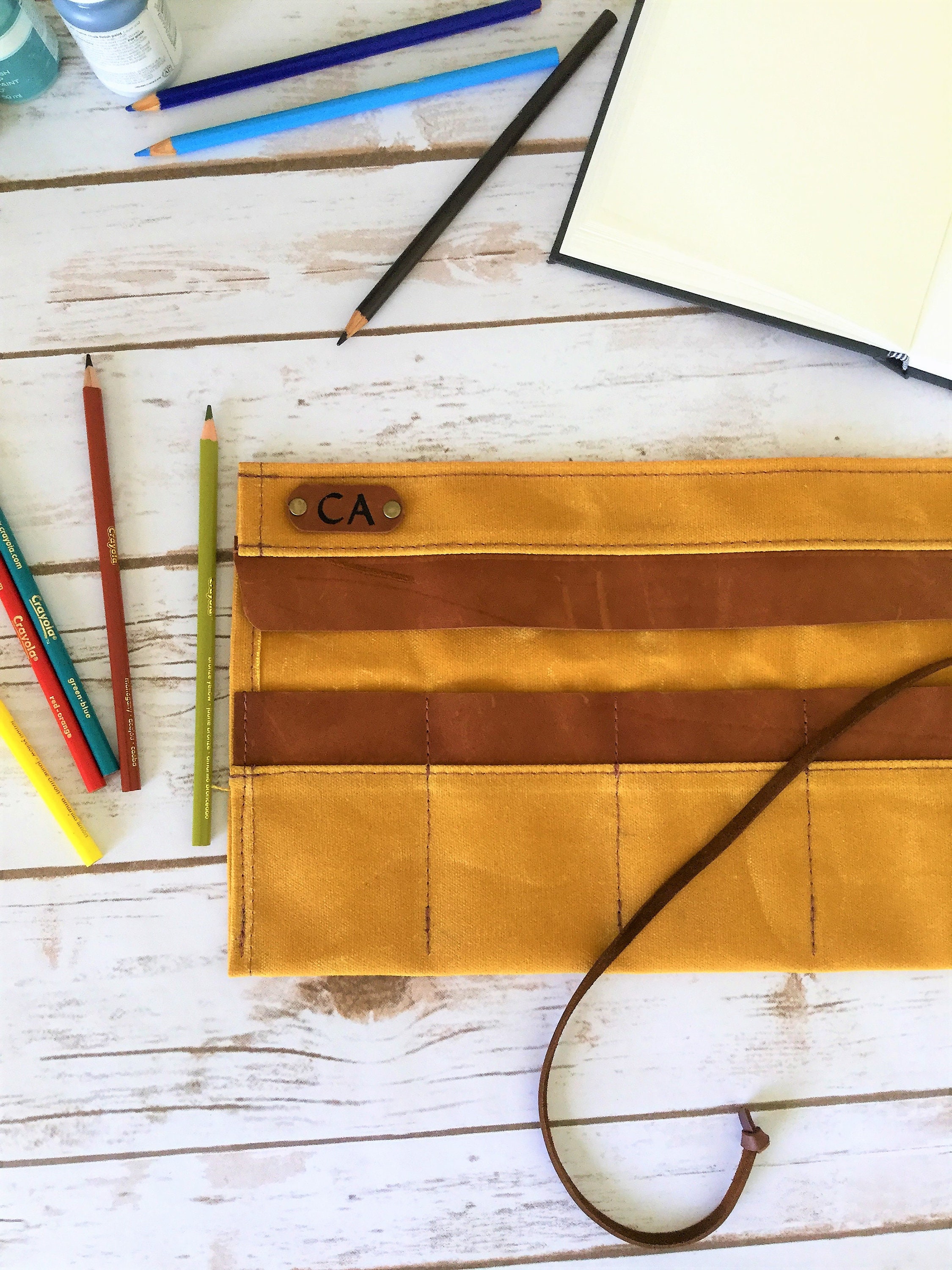 Waxed canvas personalized Pencil Roll, pencil case, Pencil Roll Up Case, Pencil Roll Canvas