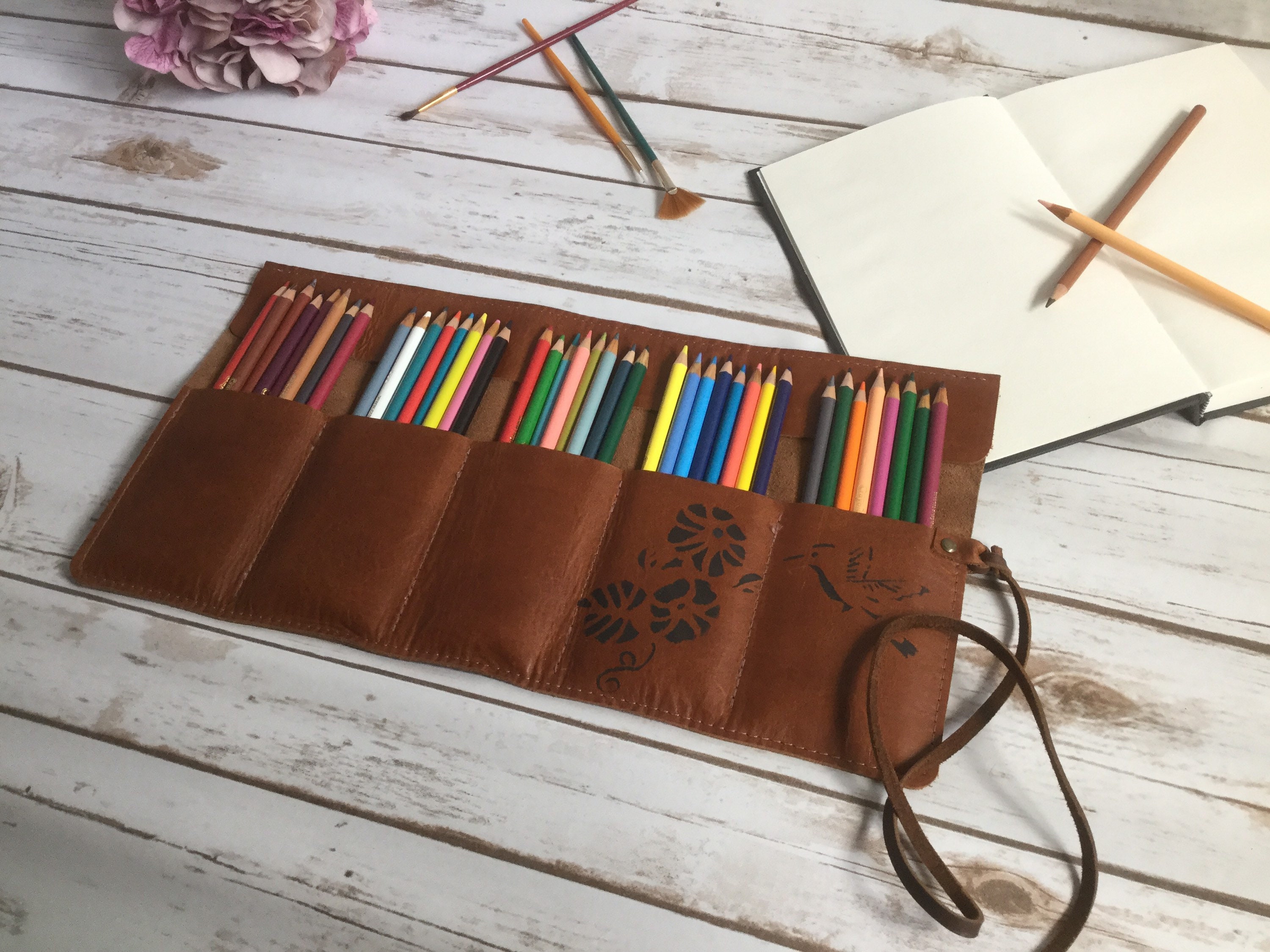 Personalized Leather Pencil Roll, Pen Roll, Pencil Roll Up Case, Artist
