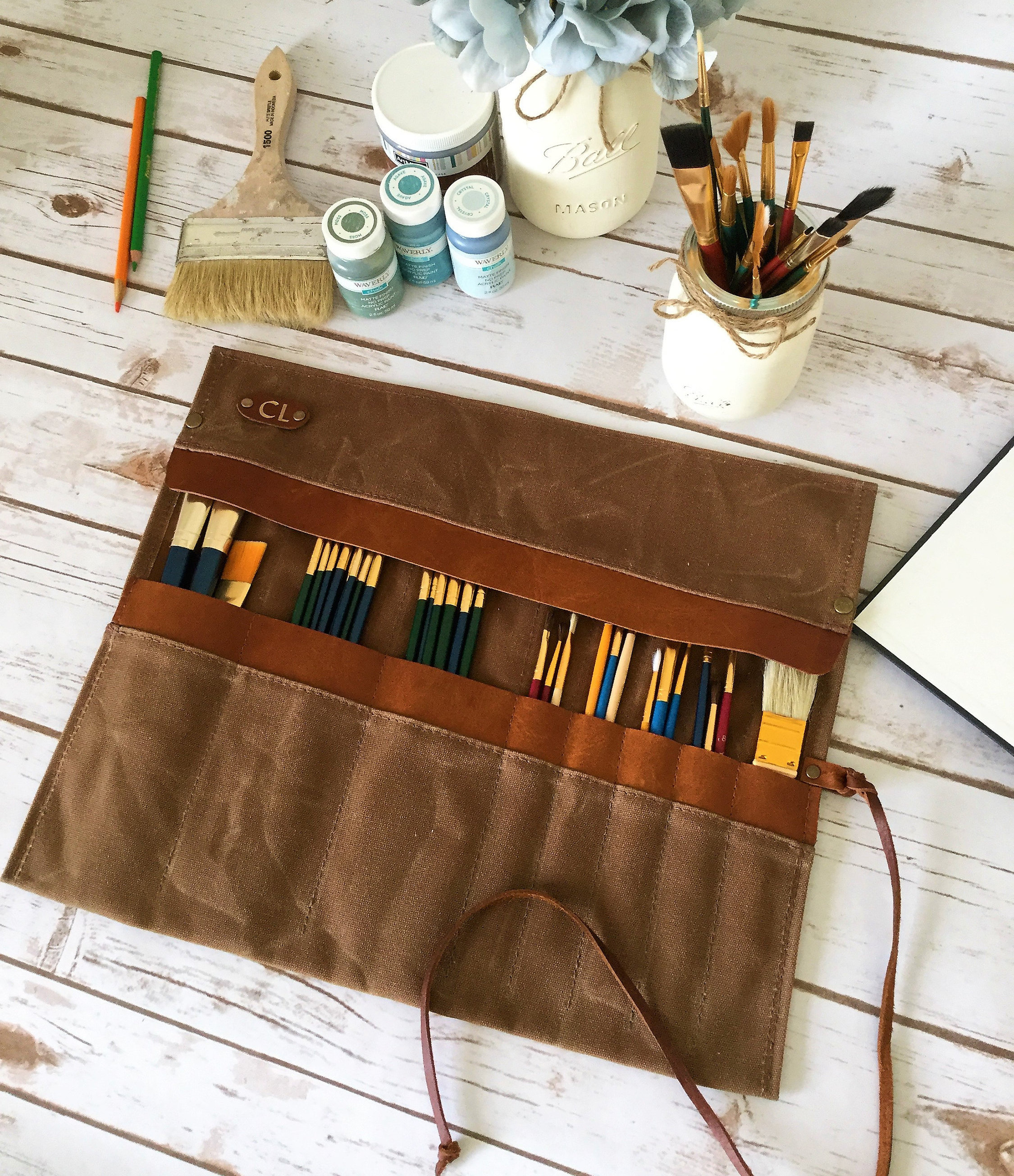 Waxed Canvas Paint Brush Roll, Artist Roll, Paint Brush Organizer
