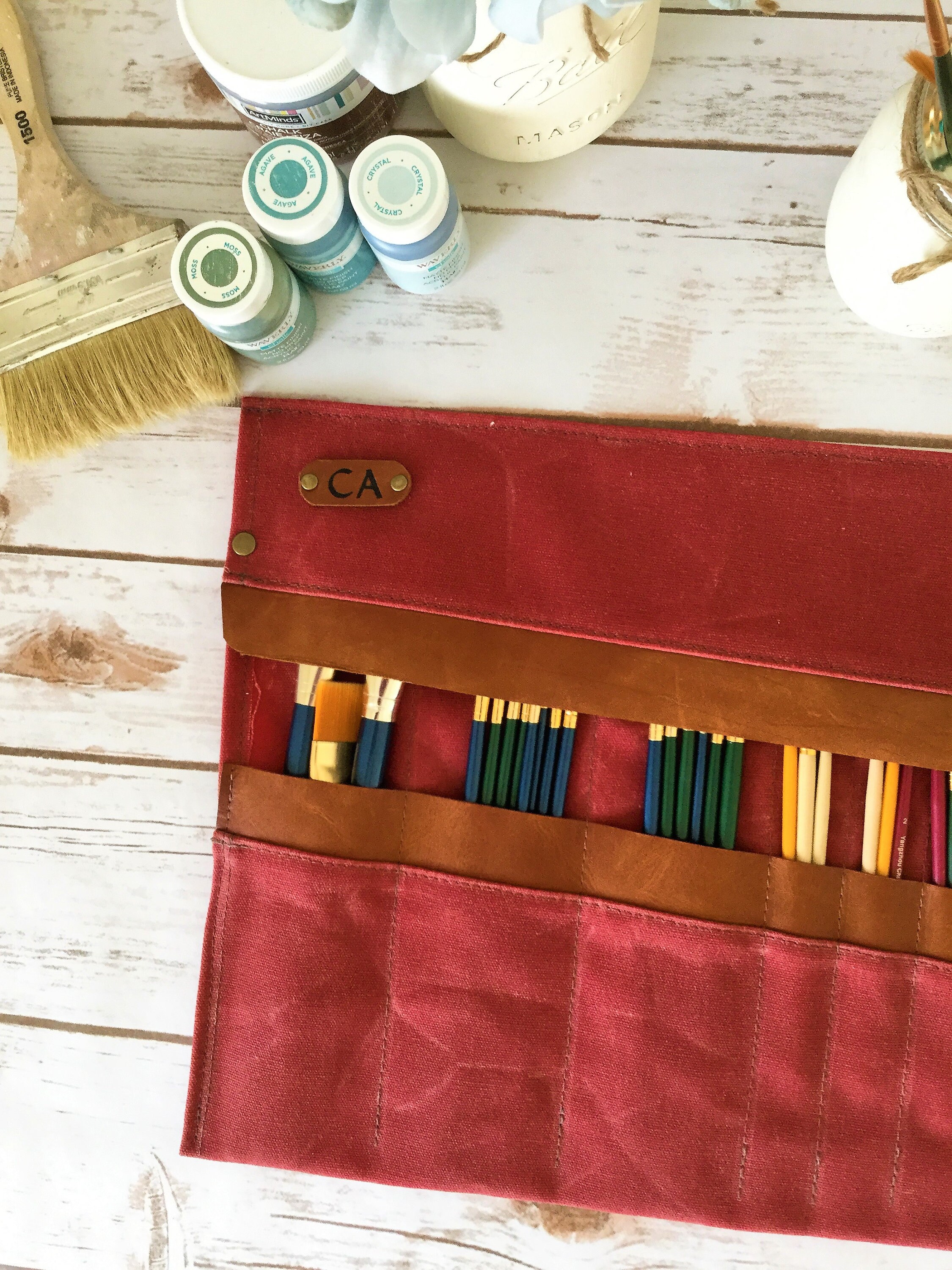 Waxed Canvas Paint Brush Roll, Artist Roll, Paint Brush Organizer
