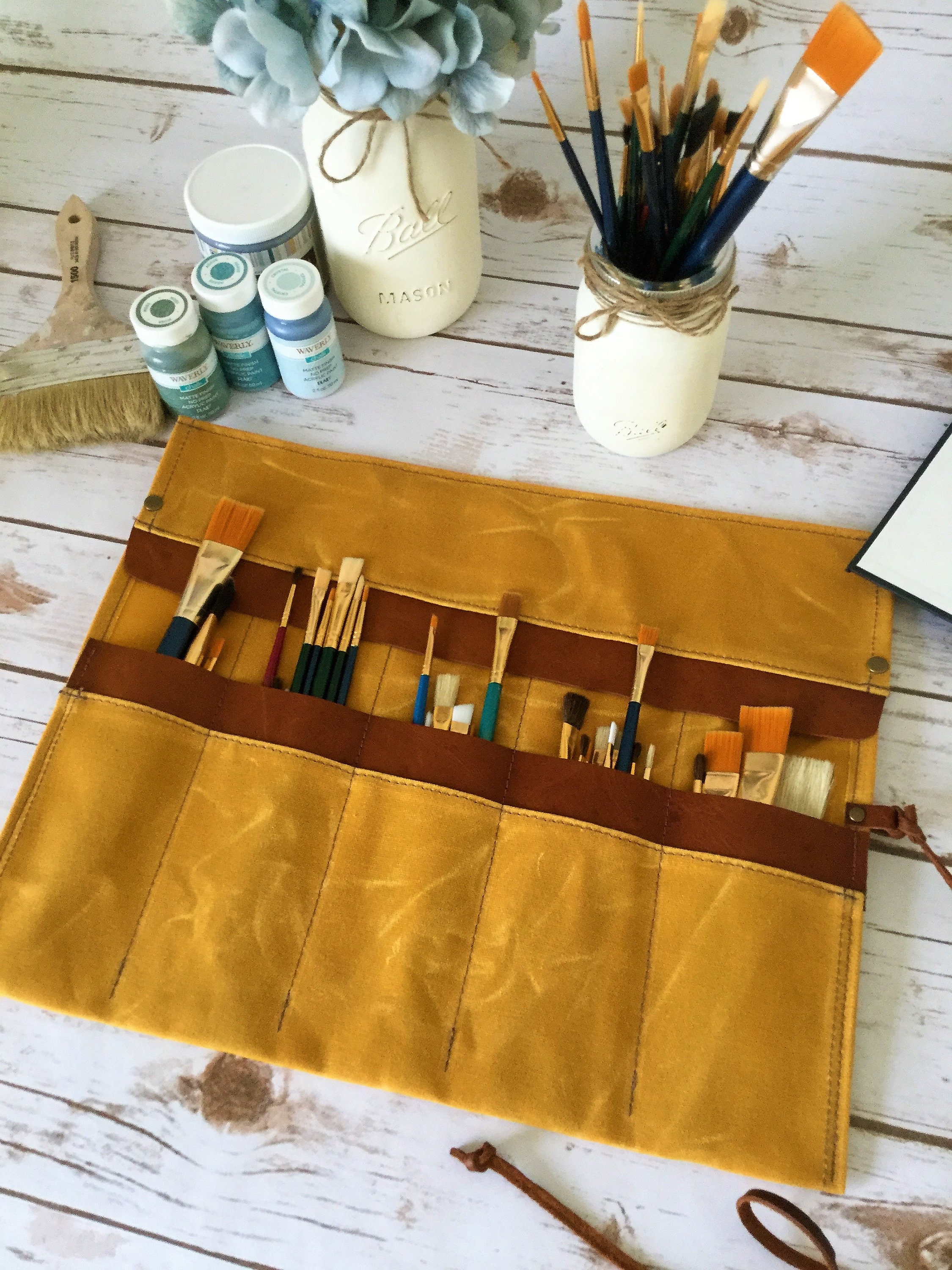 Waxed Canvas Paint Brush Roll, Artist Roll, Paint Brush Organizer