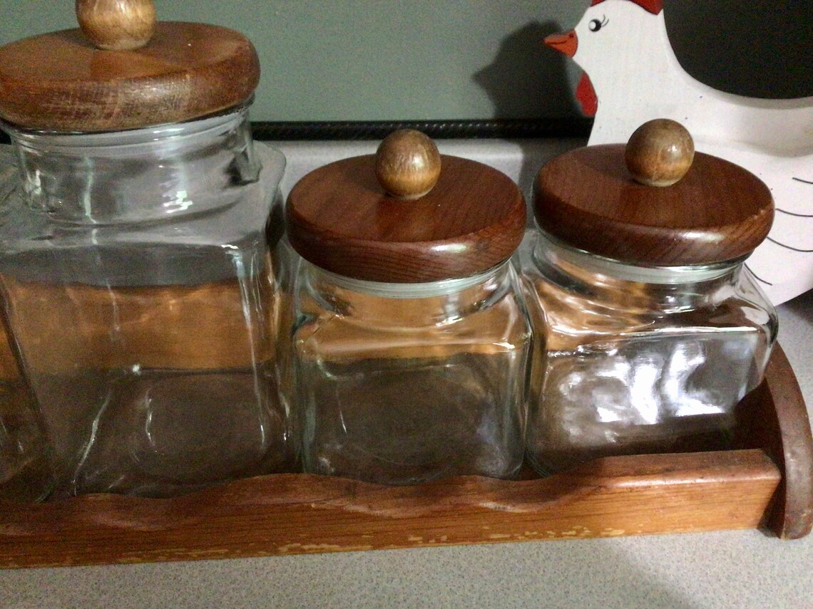 Vintage Wooden Glass Canister Storage Set Kitchen Counter Etsy