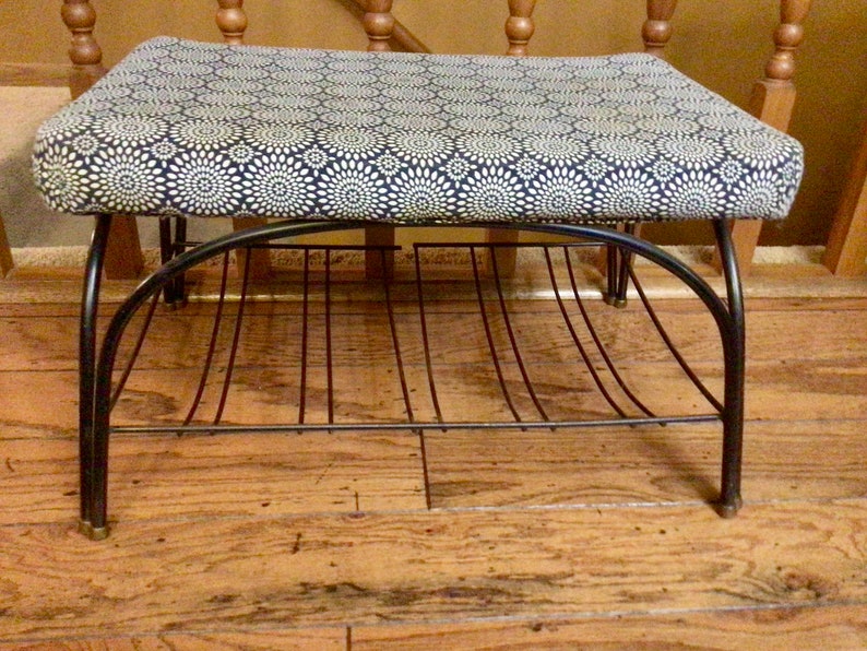 Vintage Black Wrought Iron Metal MCM Footstool Footrest Bench Stool image 4