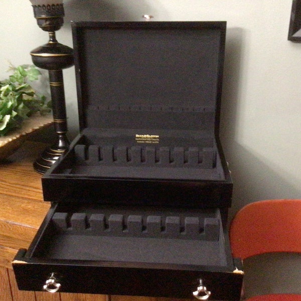 Vintage Black Wooden Reed & Barton Silverware Chest Case Travel Jewelry Showcase Decor with Drawer