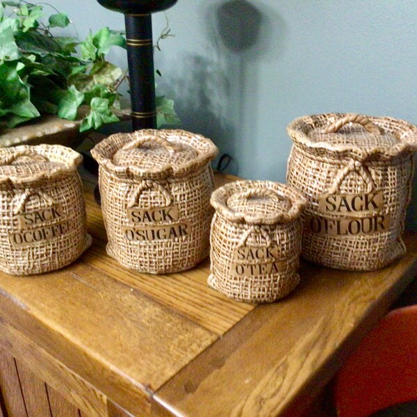 Vintage Lefton Sack of Tea Coffee Sugar Flour Brown Burlap Ceramic Set