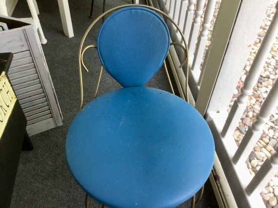 Vintage Royal Blue Gold Metal Pearl Wick Vanity Chair Makeup Chair