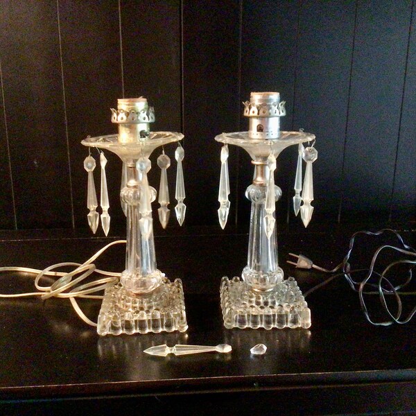 Vintage Pair Crystal Clear Beaded Vanity Lights