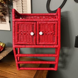 Vintage Boho Red Wicker Wall Cabinet with Shelves and Towel Holder