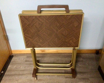 Vintage TV Tray Set Faux Wood Look with Wheeled Stand Eating Decor