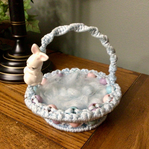 Vintage Crochet Blue Handle Ceramic Bunny Wooden Bead Easter Decorative Basket