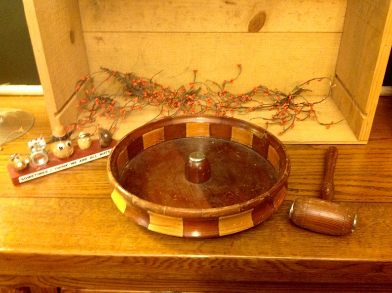 Vintage Wooden Nut Dish Bowl Holiday Nut Decor Nut Cracker Hammer