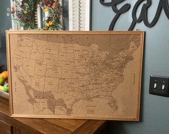Vintage Large USA Cork board Push Pin Hanging Map