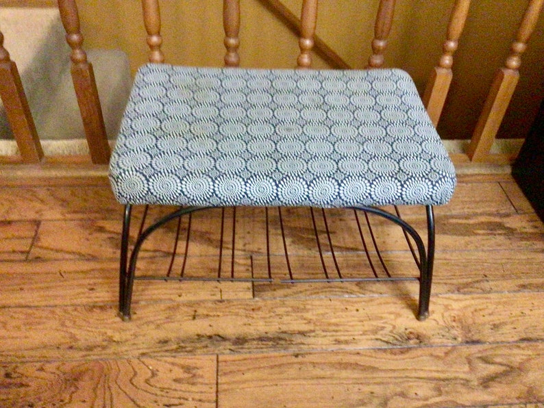 Vintage Black Wrought Iron Metal MCM Footstool Footrest Bench Stool image 1