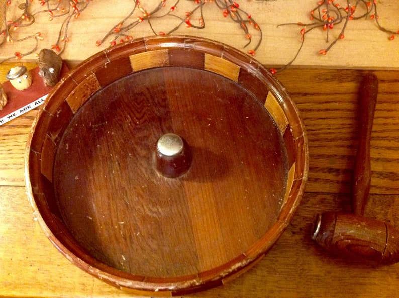 Vintage Wooden Nut Dish Bowl Holiday Nut Decor Nut Cracker Hammer