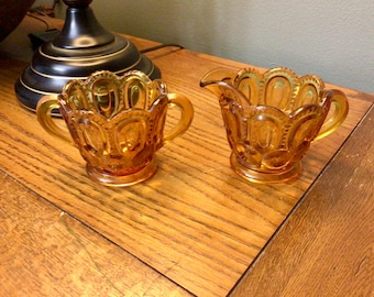 Vintage Amber Glass Cream and Sugar Set Fancy Coffee Dessert Decor