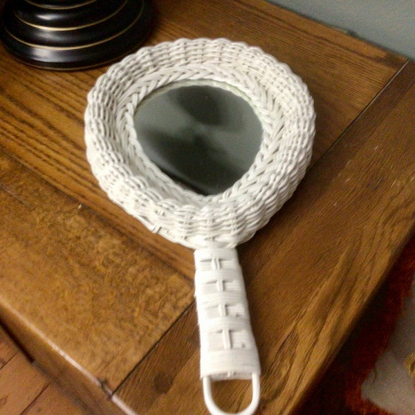 Vintage White Wicker Hand Mirror Vanity Bathroom Hair Makeup Dress Decor