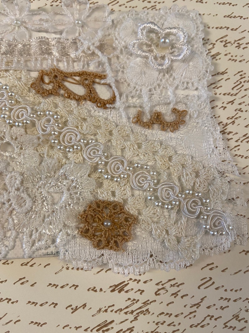 Vintage Wedding Dress Collage Pieces or Journal Cover Canvas Mat Board 4 by 6 Home Wall Decor Lace Some Hand Dyed Pearls Beads