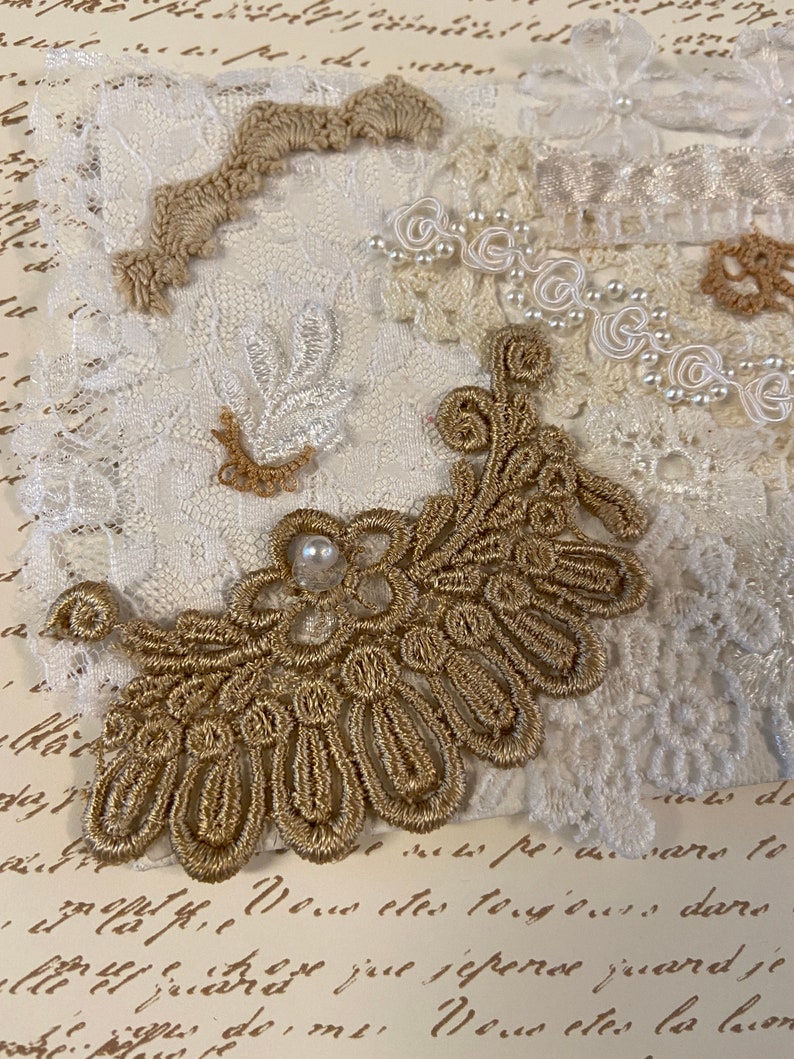 Vintage Wedding Dress Collage Pieces or Journal Cover Canvas Mat Board 4 by 6 Home Wall Decor Lace Some Hand Dyed Pearls Beads