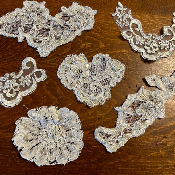 6 Vintage Lace Pieces Fussy Cut from Different Wedding Dresses -Coffee or Color Dyes Beautifully  #112 - Journals Collage Mixed Media Tags
