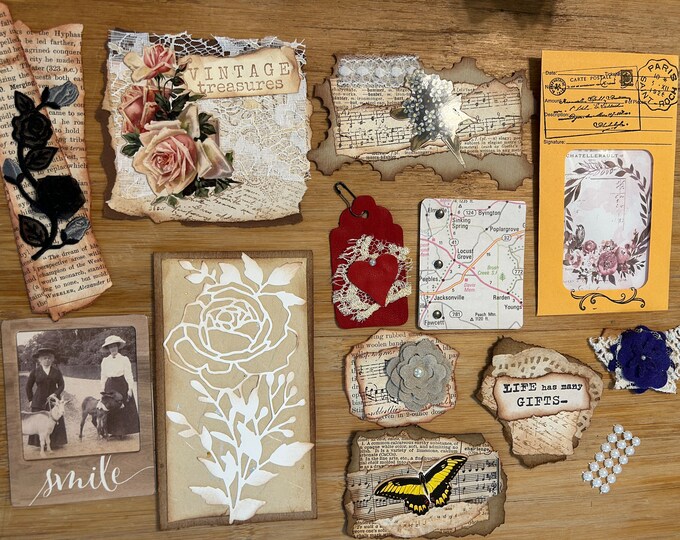12 Junk Journal Ephemera Handmade Items Tags Notecards Bellyband and ...