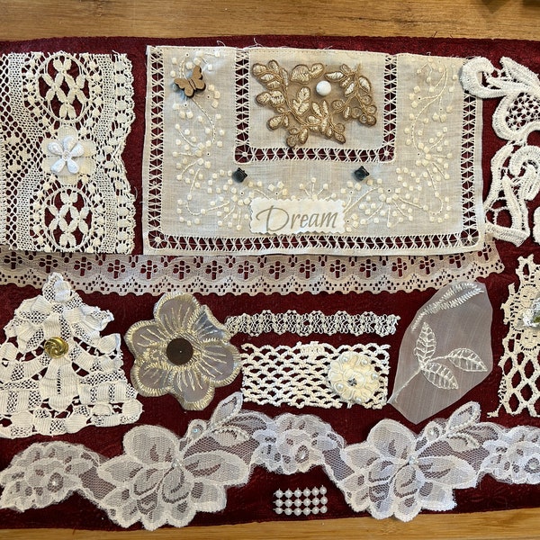 25+ Slow Stitch Kit Vintage Fussy Cuts Lace Doily Pieces Laid on 16"x 12" Burgundy Fabric Placemat #JJ20 - Collage Kit Crazy Quilts