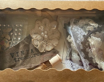 55 + Pieces for Junk Journal Starter Kit Housed in Cut Scallop Box - Laces Crochet Tags Snippets Buttons Doilies Trim Fray Bag Pearls & More