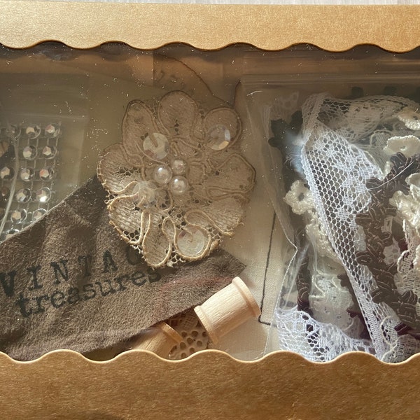 55 + Pieces for Junk Journal Starter Kit Housed in Cut Scallop Box - Laces Crochet Tags Snippets Buttons Doilies Trim Fray Bag Pearls & More
