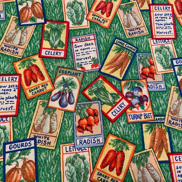 Vintage 1998 Garden Seed Packet Fabric by Classic Cottons FCI 45" x 1 Yard 1" Colorful Seed Packets with Grass Green Background