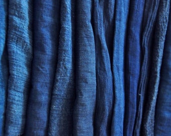 Plant dyes indigo blue many small Linen fabric - A set of 15 Tie dyed cotton Cloth - Natural handmade Shibori hand dyed - For Do It Yourself