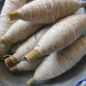 May include: A bowl filled with spools of white yarn wound around wooden dowels. The yarn is a natural off-white color and has a slightly textured surface.