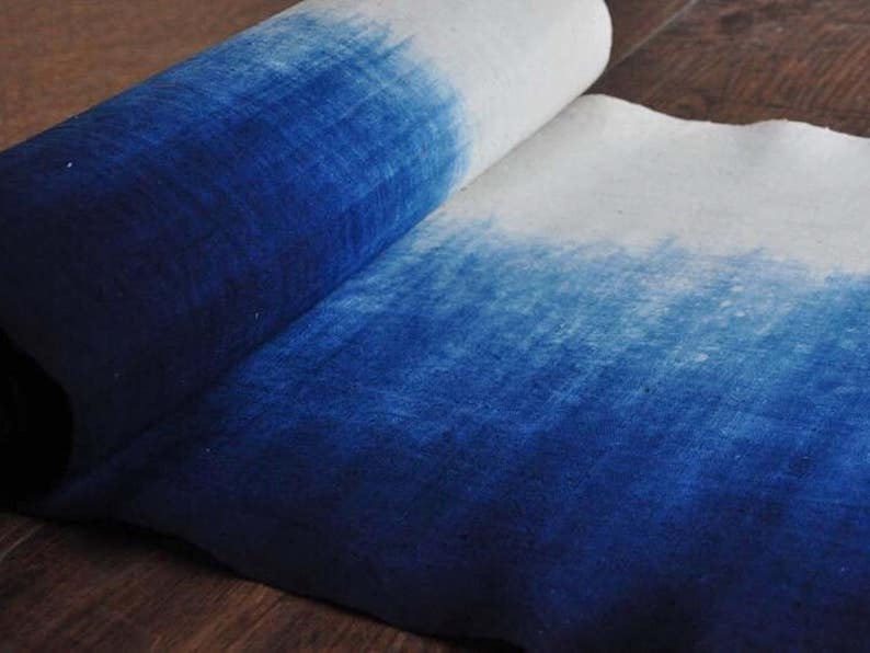 Gradient Plant dyes Indigo blue Fabric Shibori dyed Hand woven Table cloth Tie dyed / Shibori dyed / Natural hand dyed Sashiko supply image 1