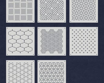 May include: Nine different geometric patterns are displayed on a blue background. Each pattern is a square with a different design, including lines, dots, and shapes.