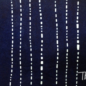 May include: A dark blue fabric with a white dashed line pattern. The fabric has a textured surface.