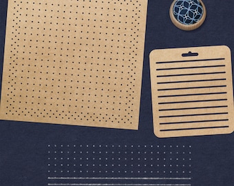 May include: Three brown cardboard stencils with different patterns. The first stencil has a grid of small dots. The second stencil has a grid of horizontal lines. The third stencil has a grid of small dots and horizontal lines.