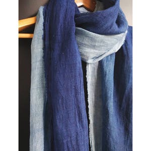 Gradient Indigo blue Linen fashion Scarf - Shibori dyed Soft Unisex scarves - Natural plat dyes/ Tie dyed/ Hand dyed - Gift idea for Lover